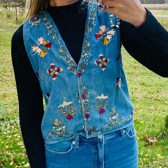 Agapo Embroidered 90's blue jean vest - Picture 1 of 4